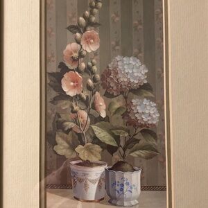 Floral art print gold carved frame hydrangeas hollyhocks flowers artwork pink